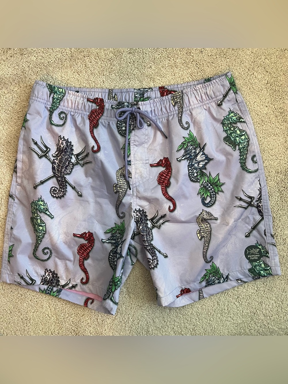 Psycho Tuna NWOT XL Men's Lavender Hybrid Board Shorts Seahorse Print Swim Trunk